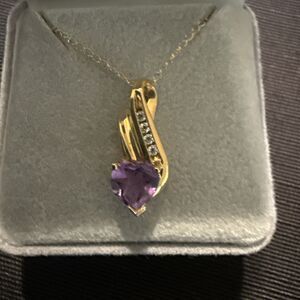10k Solid Yellow Gold Amethyst Heart w/Diamonds Accents Pendant & Necklace 1.59g